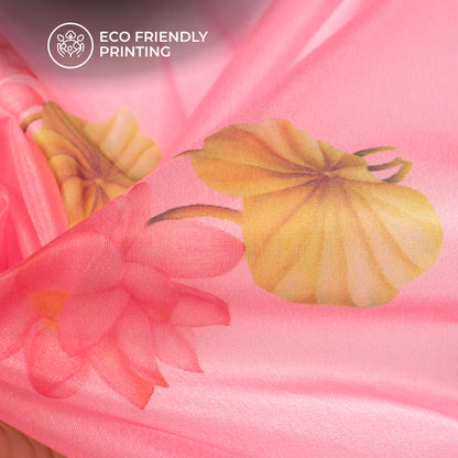 Flamingo Pink Floral Digital Print Organza Satin Fabric