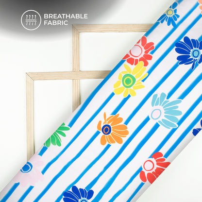 Stylish White Floral Digital Print Crepe Silk Fabric