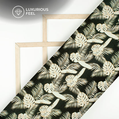 Black Leaf Digital Print Lush Satin Fabric