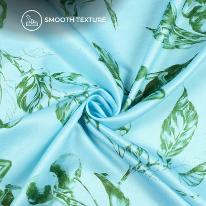 Sky Blue Leaf Digital Print Lush Satin Fabric