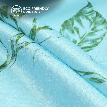 Sky Blue Leaf Digital Print Lush Satin Fabric