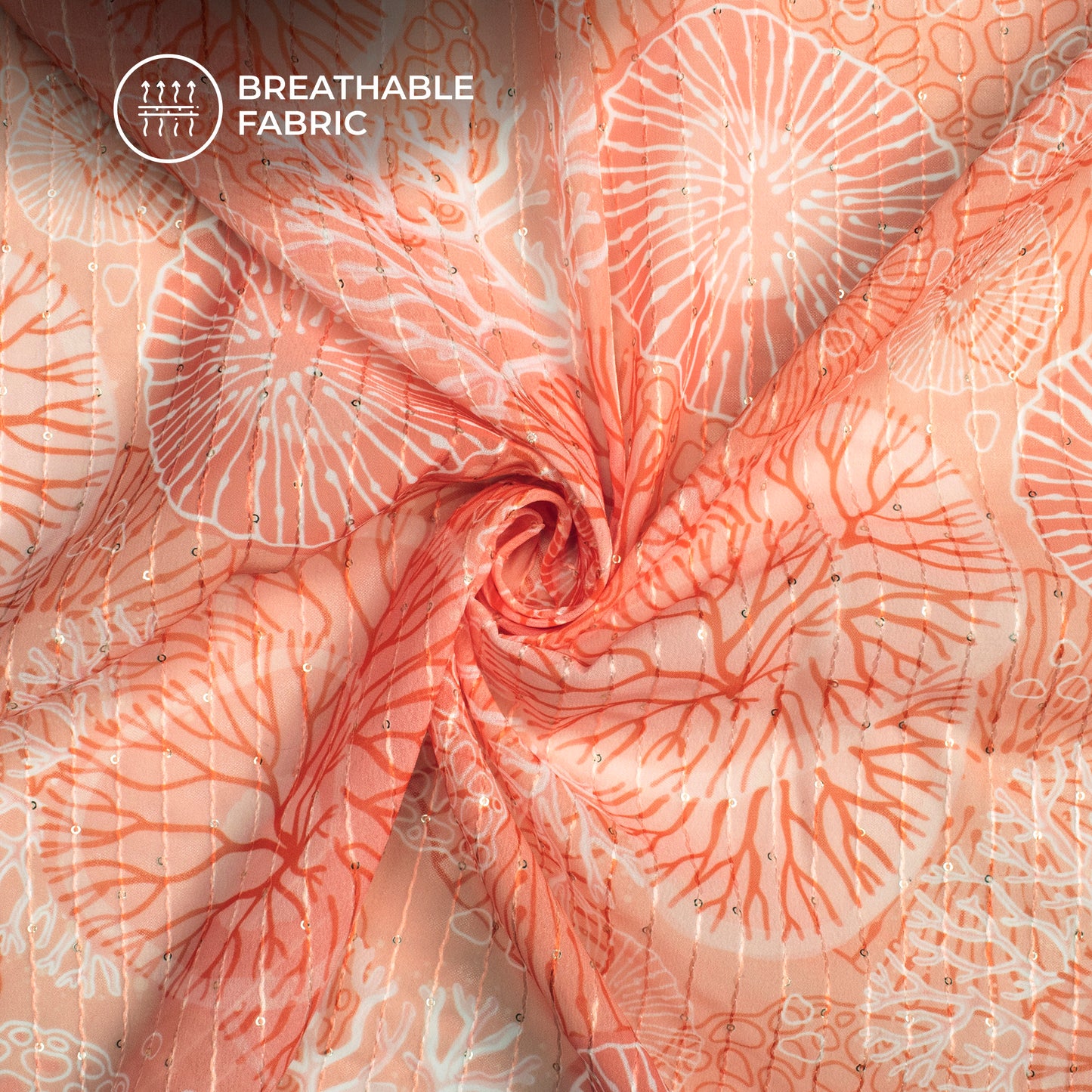 Natural Coral Digital Print Sequins Georgette Fabric For Dreamy Drapes