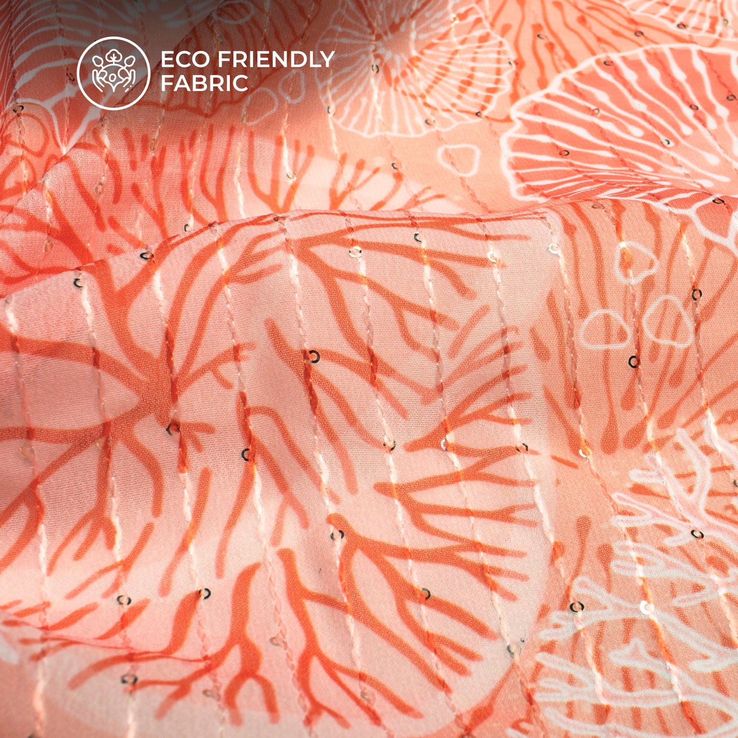 Natural Coral Digital Print Sequins Georgette Fabric For Dreamy Drapes