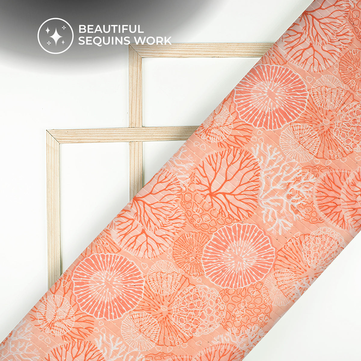 Natural Coral Digital Print Sequins Georgette Fabric For Dreamy Drapes