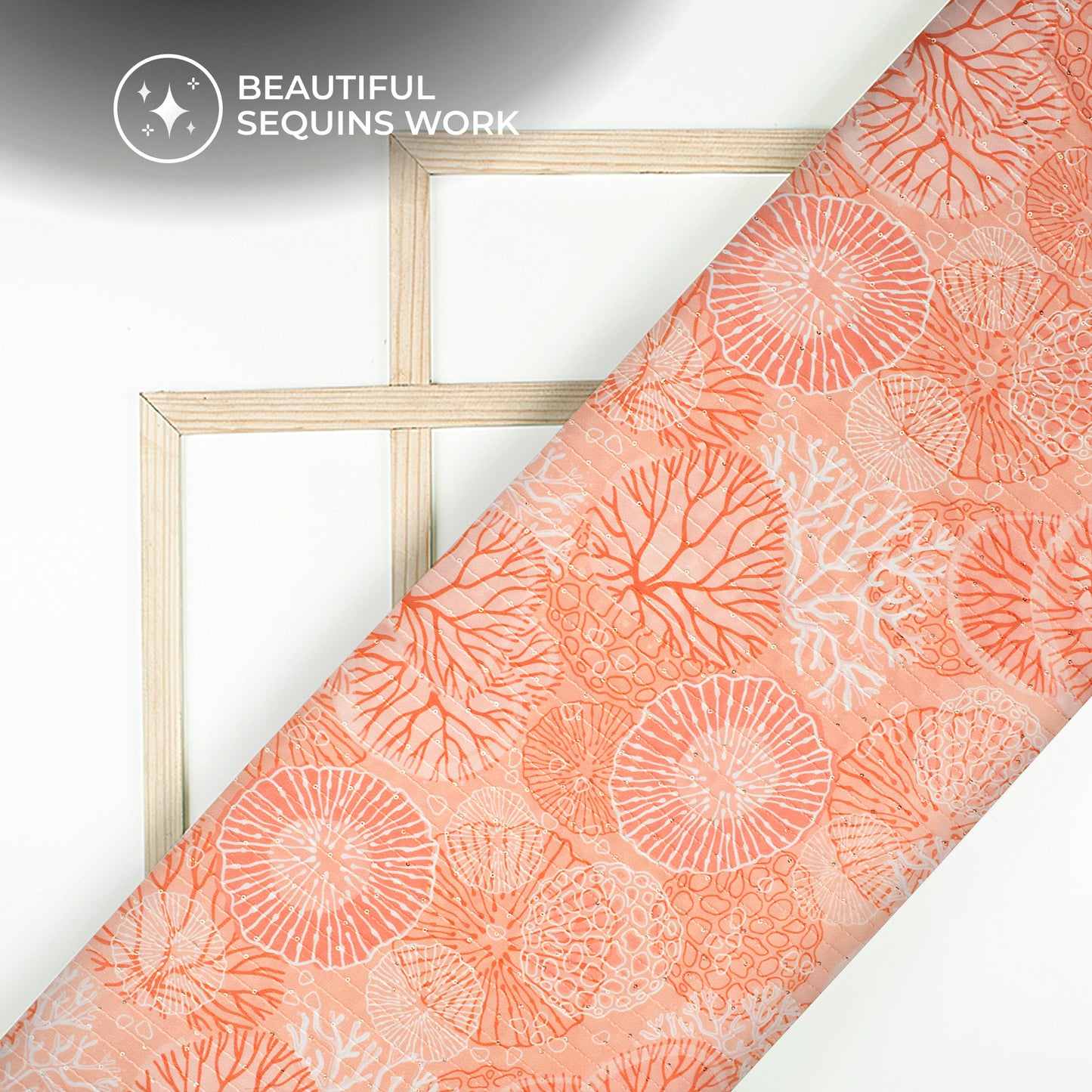 Natural Coral Digital Print Sequins Georgette Fabric For Dreamy Drapes