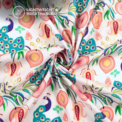 Floral Peacock Bird Digital Print Cotton Cambric Fabric