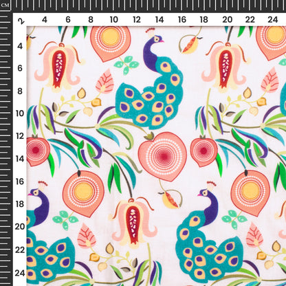 Floral Peacock Bird Digital Print Cotton Cambric Fabric