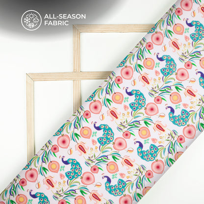 Floral Peacock Bird Digital Print Cotton Cambric Fabric