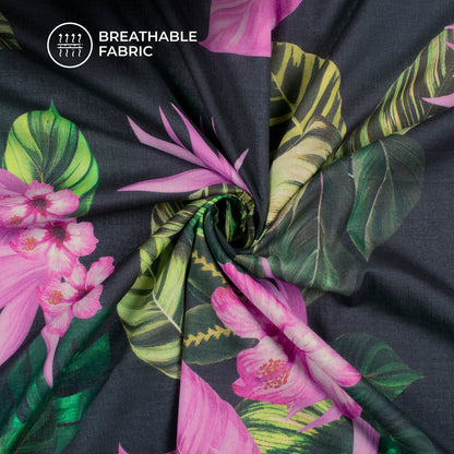 Beautiful Tropical Hibiscus Floral Digital Print Pure Cotton Mulmul Fabric