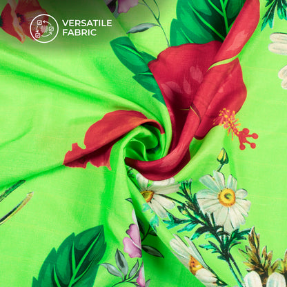 Botanical Floral Sprays Green Digital Print Bemberg Raw Silk Fabric