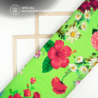Botanical Floral Sprays Green Digital Print Bemberg Raw Silk Fabric