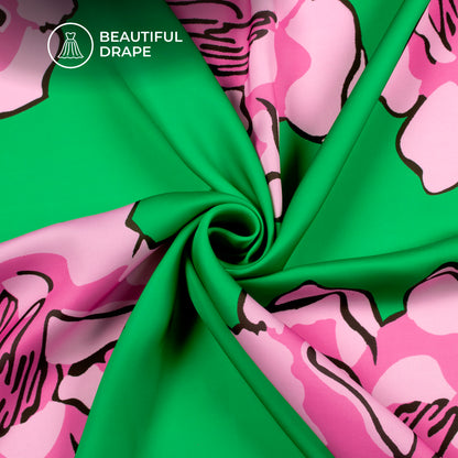 Hot Pink Floral Digital Print Luxurious Imported Satin Fabric