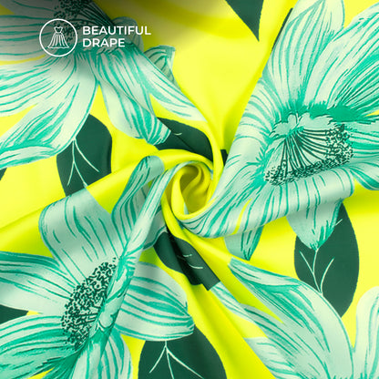 Lemon Yellow Floral Digital Print Luxurious Imported Satin Fabric