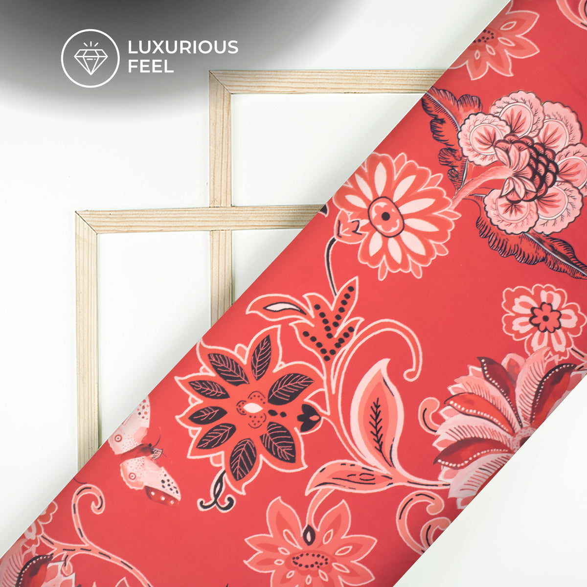 Cherry Red Floral Digital Print Luxurious Imported Satin Fabric