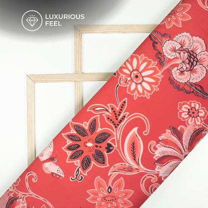Cherry Red Floral Digital Print Luxurious Imported Satin Fabric
