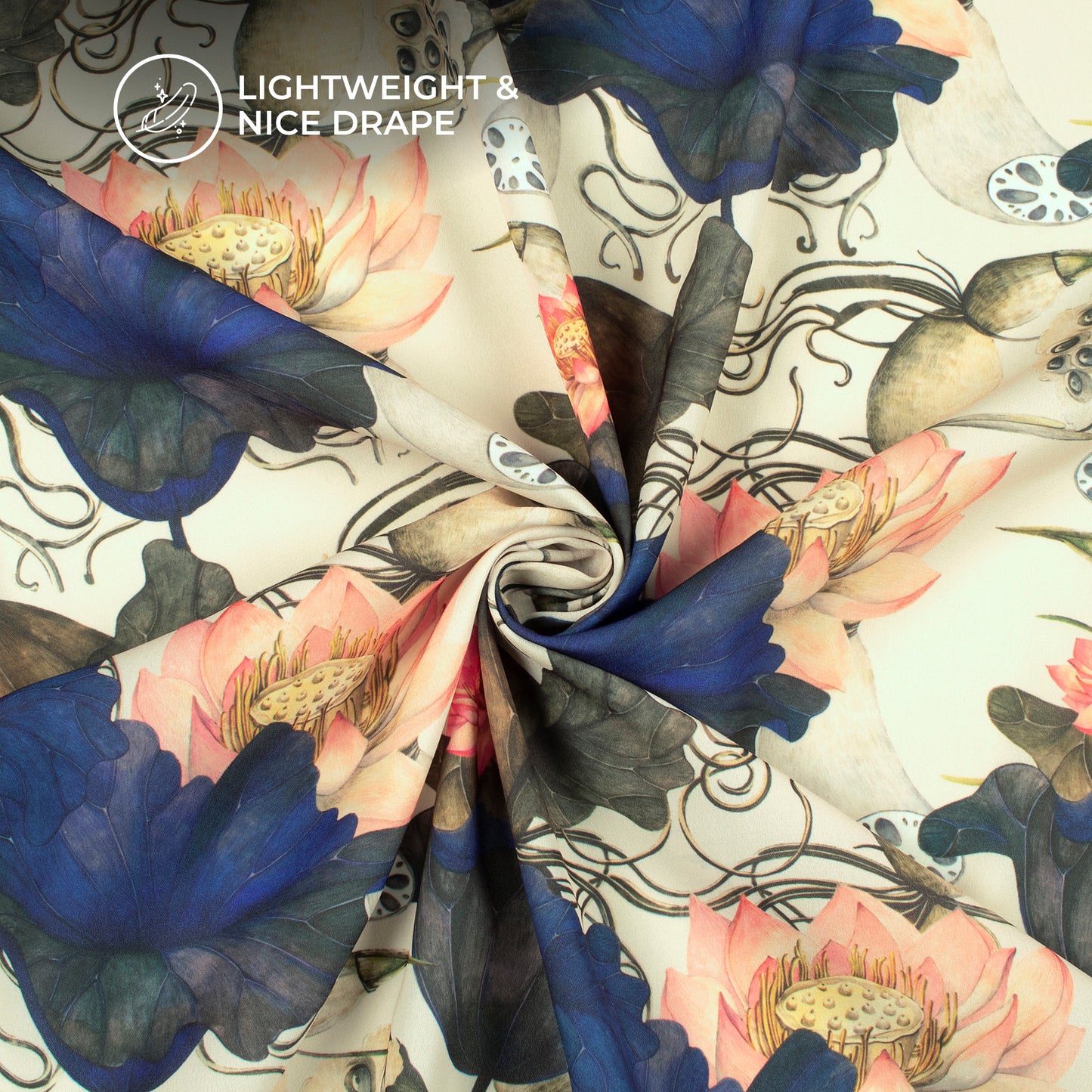 Navy Blue Floral Digital Print Moss Georgette Fabric(Width 56 Inches)