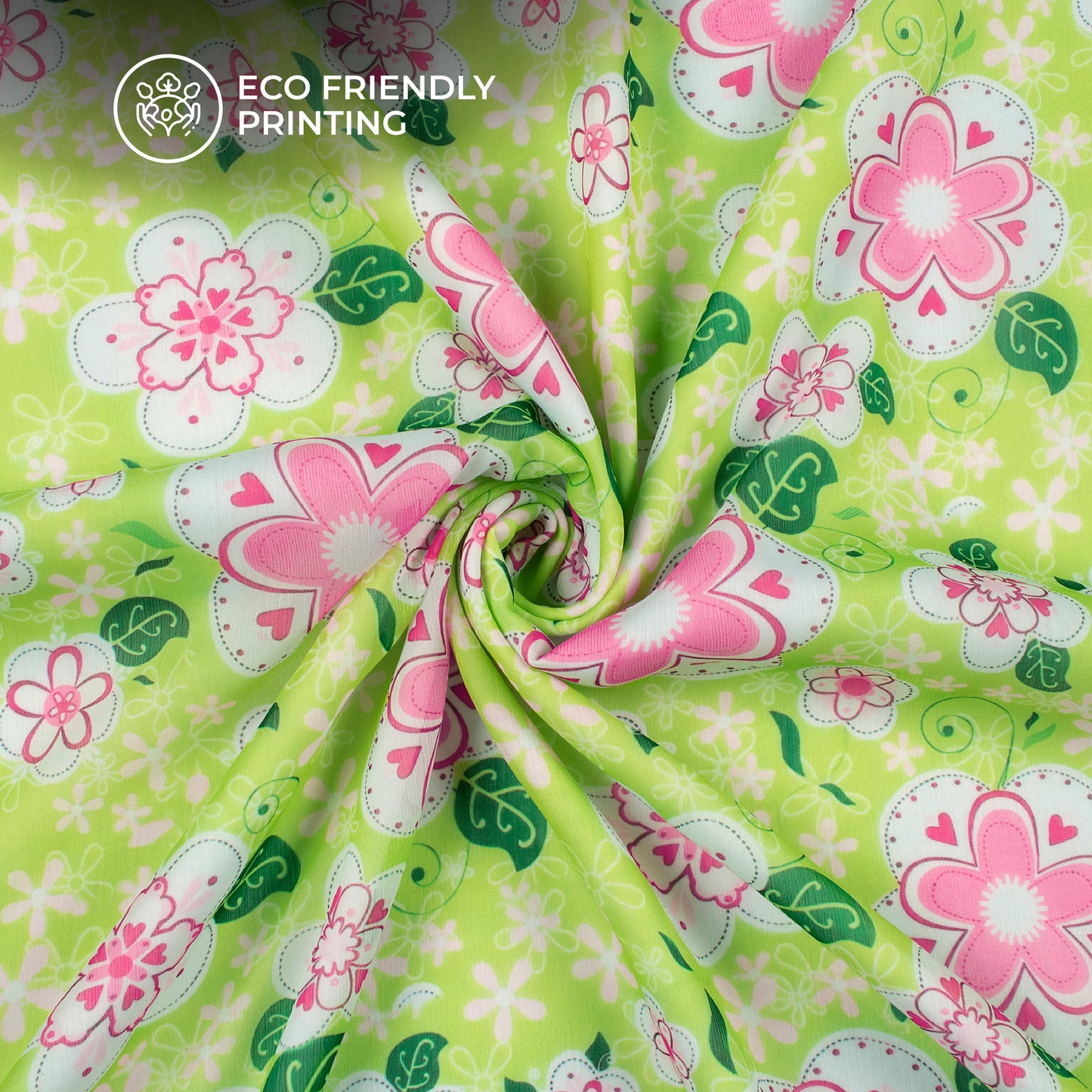 Chartreuse Green Floral Digital Print Poly Chiffon Fabric