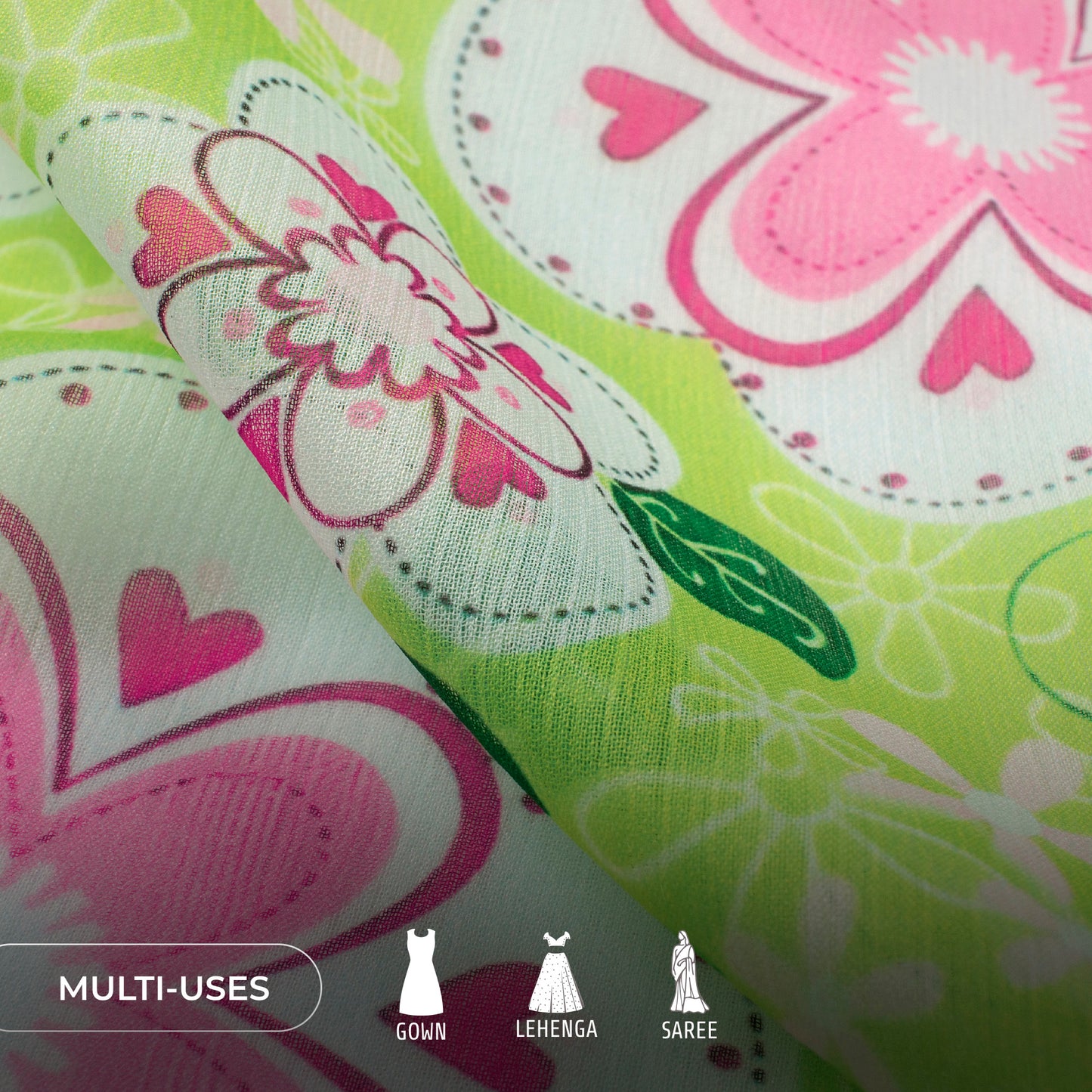 Chartreuse Green Floral Digital Print Poly Chiffon Fabric