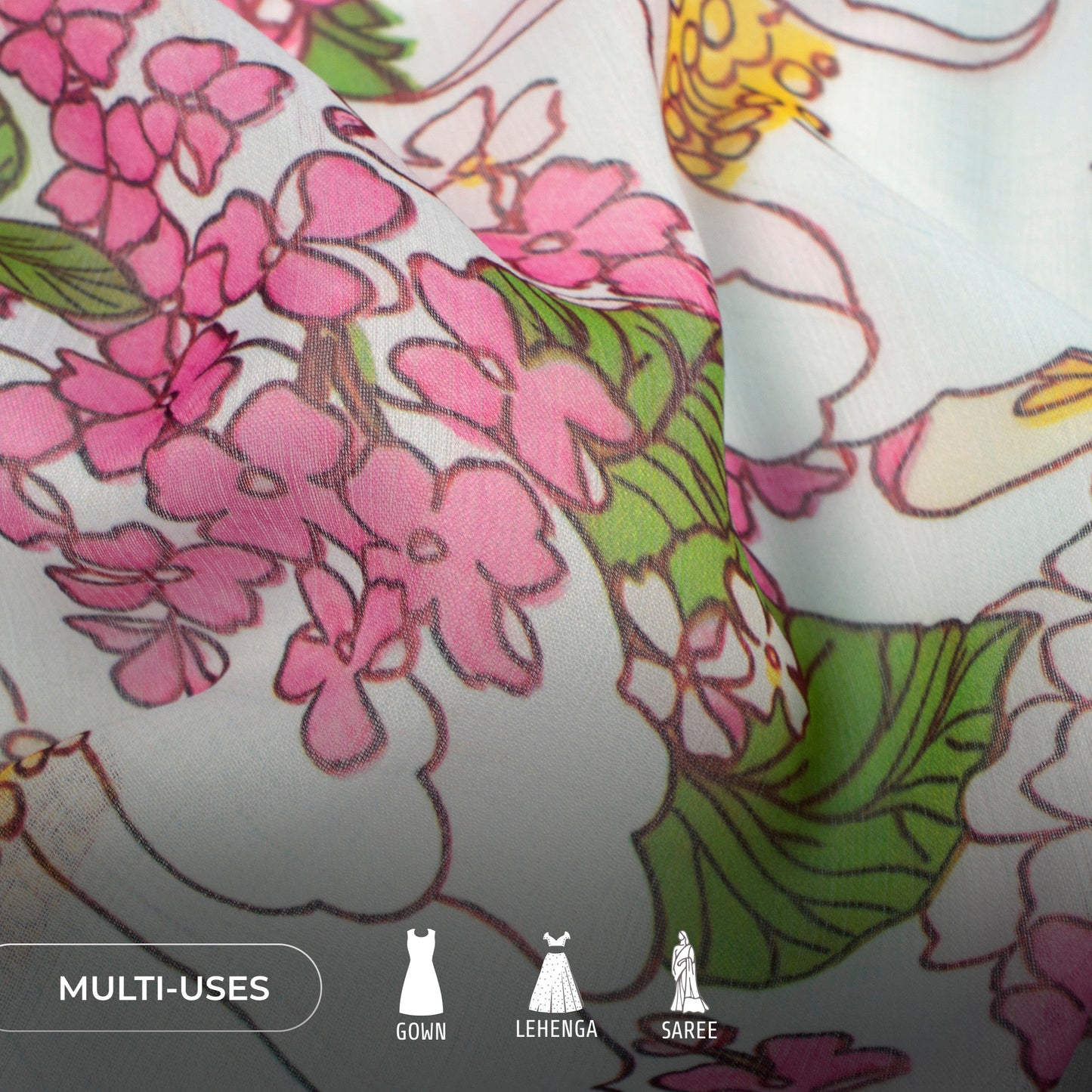 Rose Pink Floral Digital Print Poly Chiffon Fabric