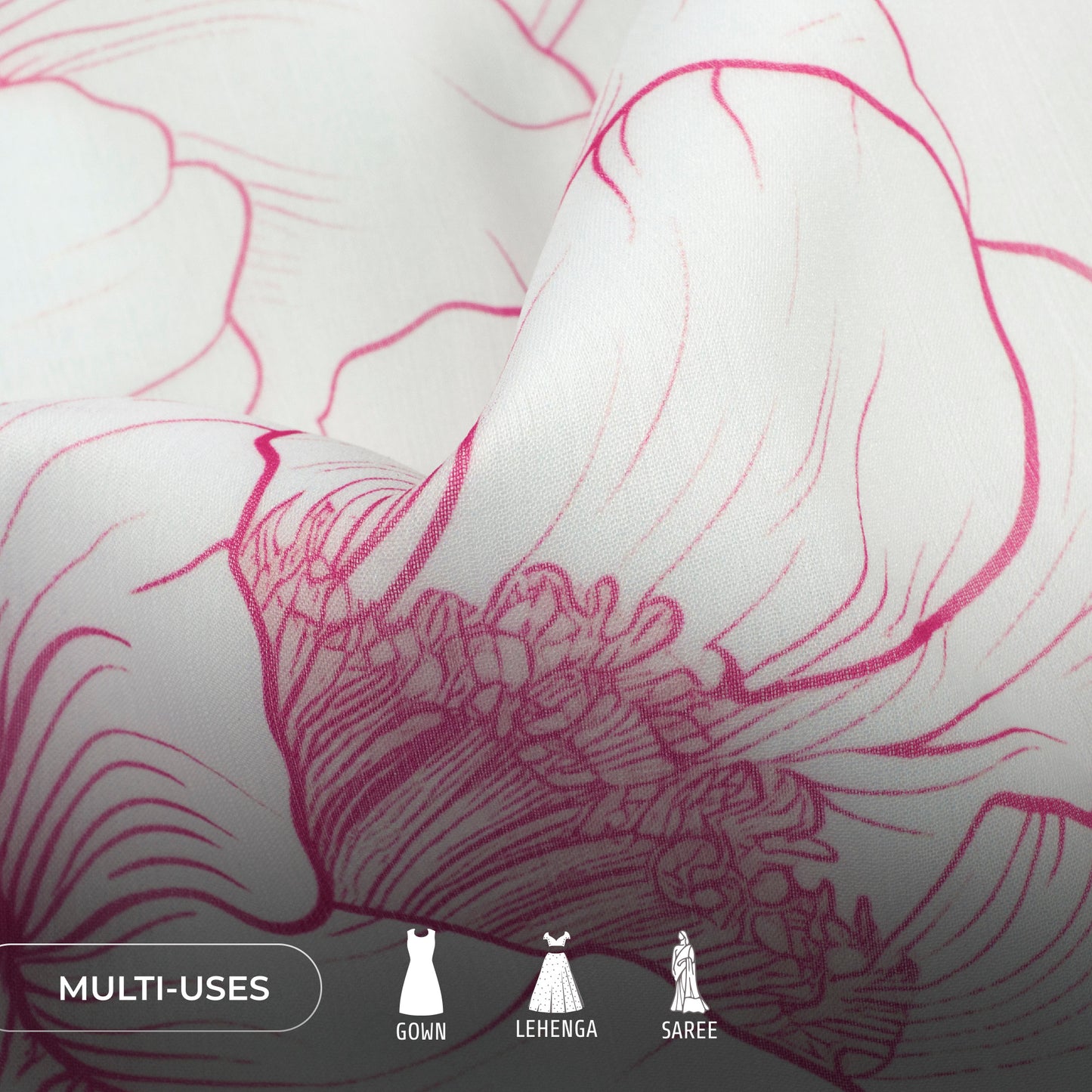 Rose Pink Floral Digital Print Poly Chiffon Fabric
