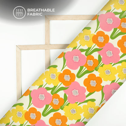 Tengerine Orange Floral Digital Print Muslin Fabric
