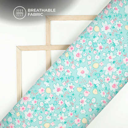 Sky Blue Floral Digital Print Muslin Fabric