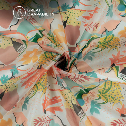BotanicBlitz - Abstract Floral Digital Print Organza Satin Fabric