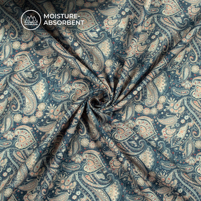 Denim Blue Paisley Digital Print Cotton Mulmul Fabric
