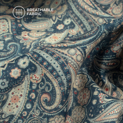 Denim Blue Paisley Digital Print Cotton Mulmul Fabric