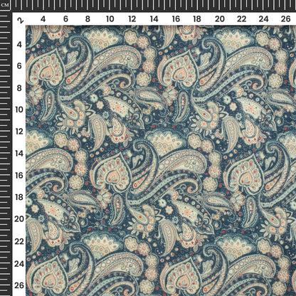 Denim Blue Paisley Digital Print Cotton Mulmul Fabric