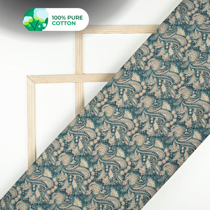 Denim Blue Paisley Digital Print Cotton Mulmul Fabric