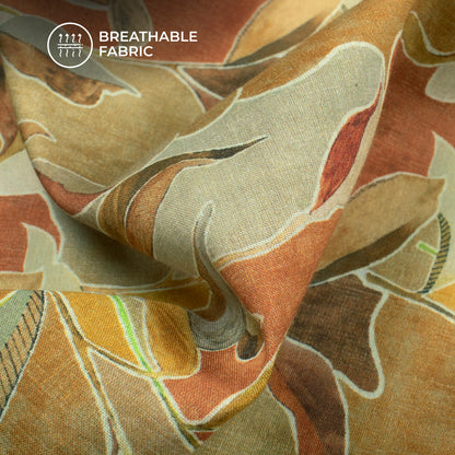 Russet Brown Leaf Digital Print Cotton Mulmul Fabric