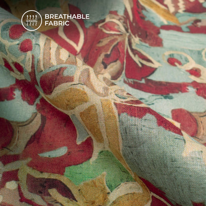 Cherry Red Floral Digital Print Cotton Mulmul Fabric