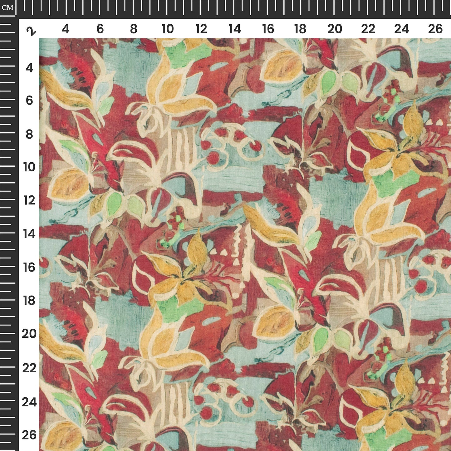 Cherry Red Floral Digital Print Cotton Mulmul Fabric