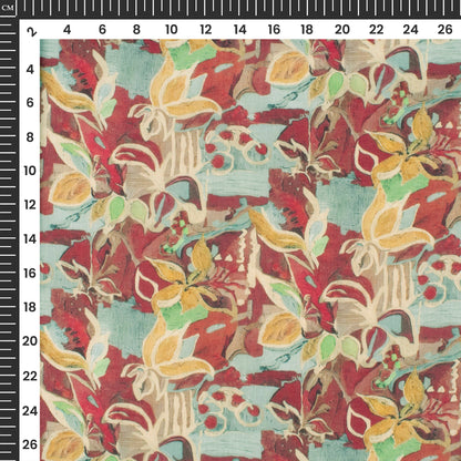 Cherry Red Floral Digital Print Cotton Mulmul Fabric