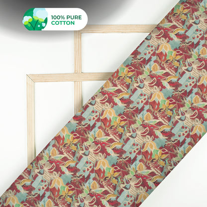 Cherry Red Floral Digital Print Cotton Mulmul Fabric