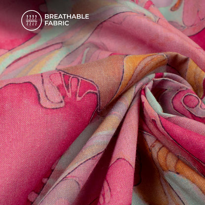Punch Pink Floral Digital Print Cotton Mulmul Fabric