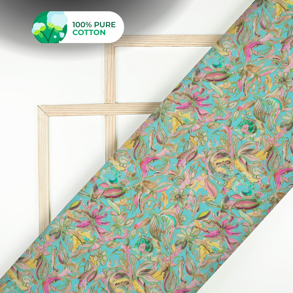 Baby Blue Floral Digital Print Cotton Mulmul Fabric