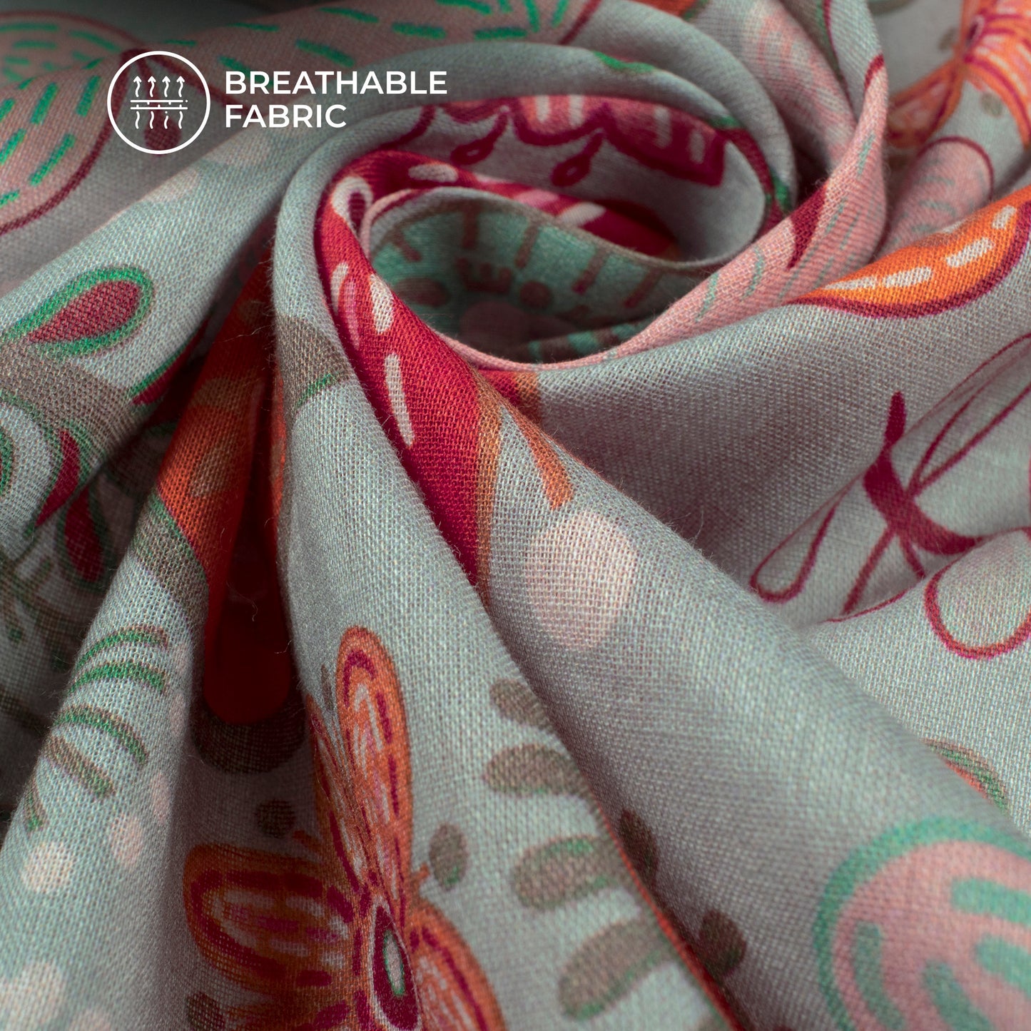 Cloud Grey Floral Digital Print Cotton Mulmul Fabric