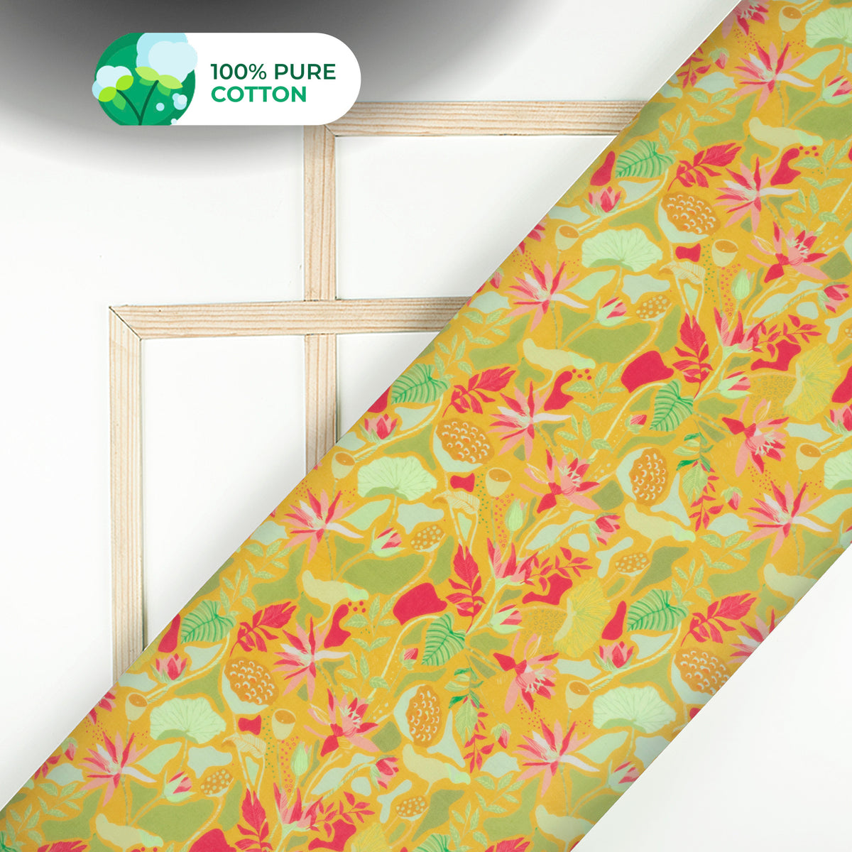Amber Yellow Floral Digital Print Cotton Mulmul Fabric