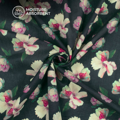 Black Floral Digital Print Cotton Mulmul Fabric