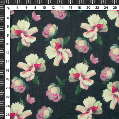 Black Floral Digital Print Cotton Mulmul Fabric