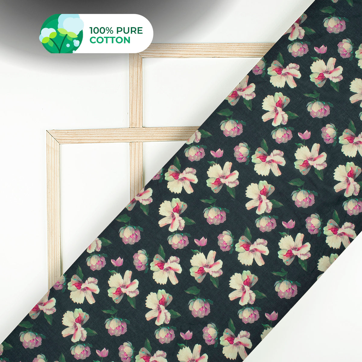 Black Floral Digital Print Cotton Mulmul Fabric