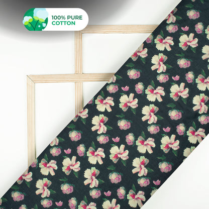 Black Floral Digital Print Cotton Mulmul Fabric