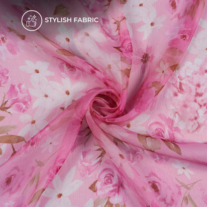 Taffy Pink Floral Digital Print Bemberg Chiffon Fabric