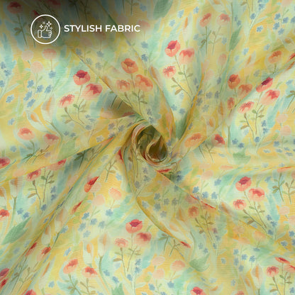 Lemon Yellow Floral Digital Print Bemberg Chiffon Fabric