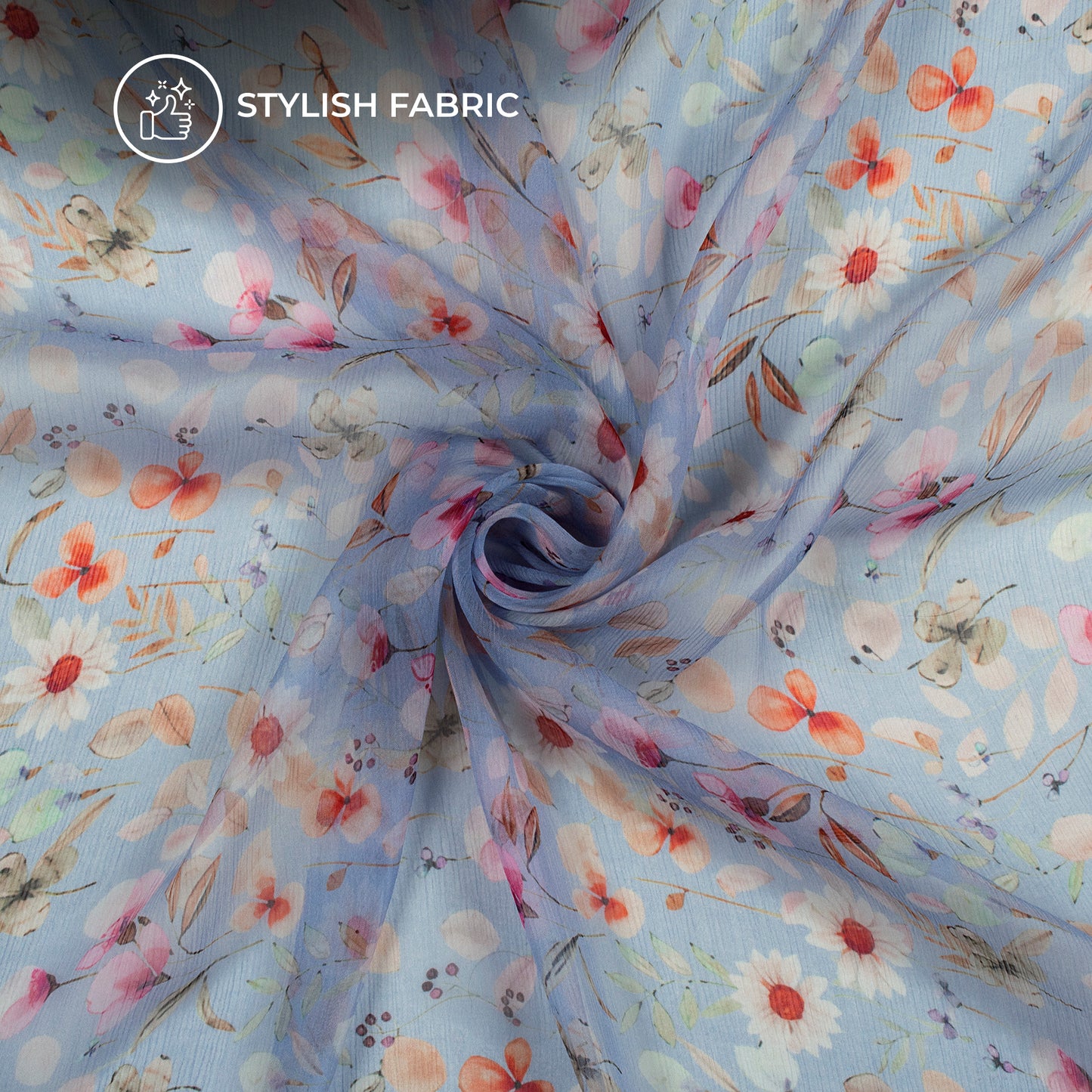 Baby Blue Floral Digital Print Bemberg Chiffon Fabric