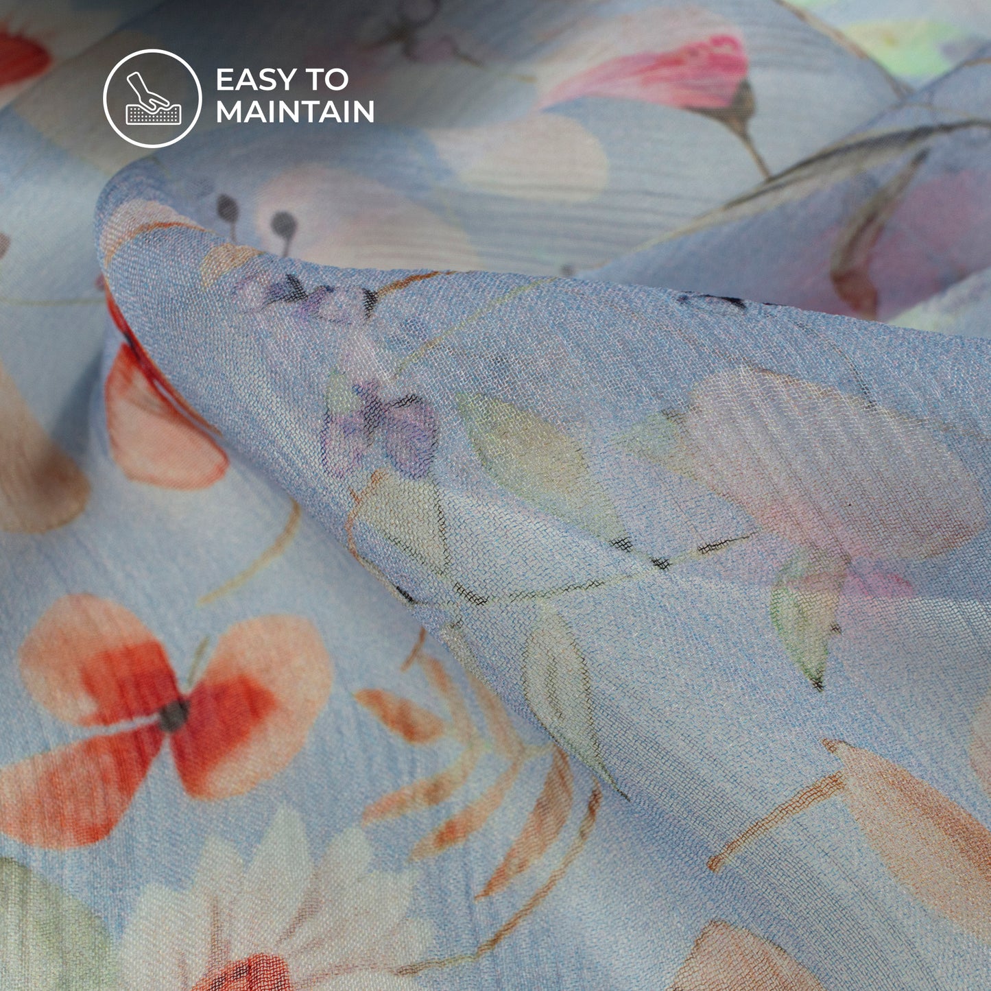Baby Blue Floral Digital Print Bemberg Chiffon Fabric