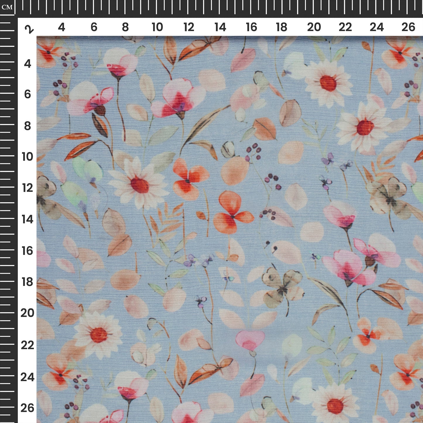 Baby Blue Floral Digital Print Bemberg Chiffon Fabric
