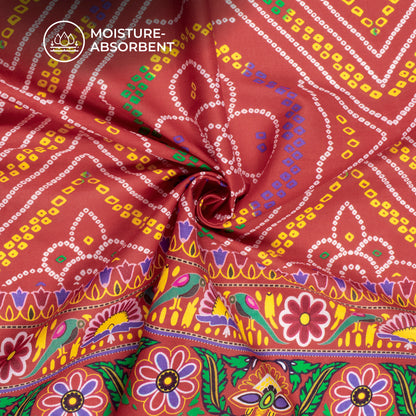 Red Bandhani Digital Print Cotton Mulmul Fabric